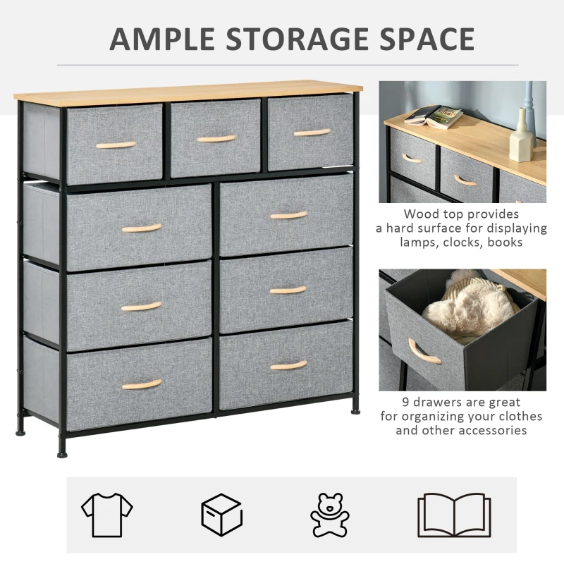 HOMCOM 9 Drawers Storage Chest Dresser Organizer Unit w/ Steel Frame, Wood Top, Easy Pull Fabric Bins