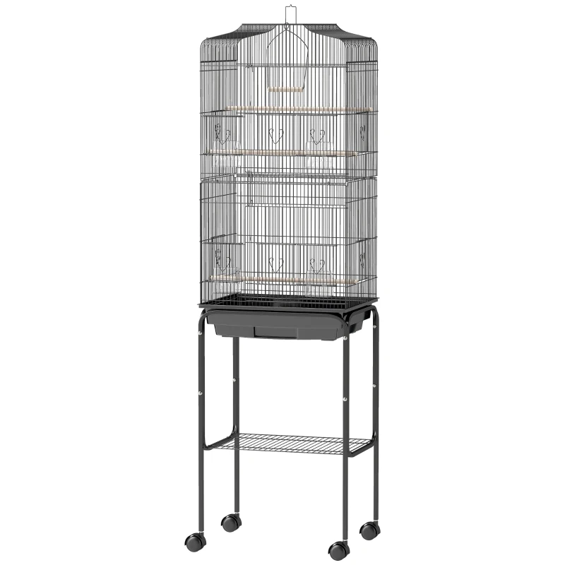 PawHut 62" Rolling Bird Cage Cockatoo House Play Top Finch Pet Supply with Storage Shelf, Wheels - Black