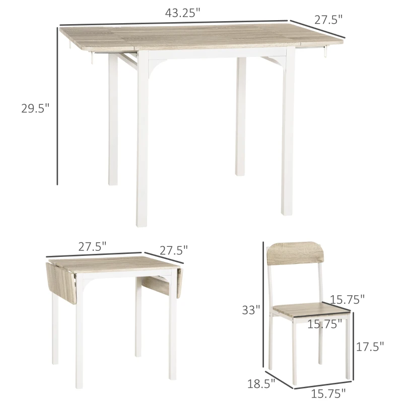HOMCOM Foldable Dining Table Set for 2, Drop-Leaf Kitchen Table with 2 Chairs for Apartments, Studios, Natural Drop-leaf Dining Table Set Includes 2 Chairs