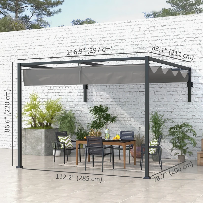 Outsunny 10' x 7' Lean To Pergola, Metal Pergola with Retractable Roof for Grill, Garden, Patio, Deck