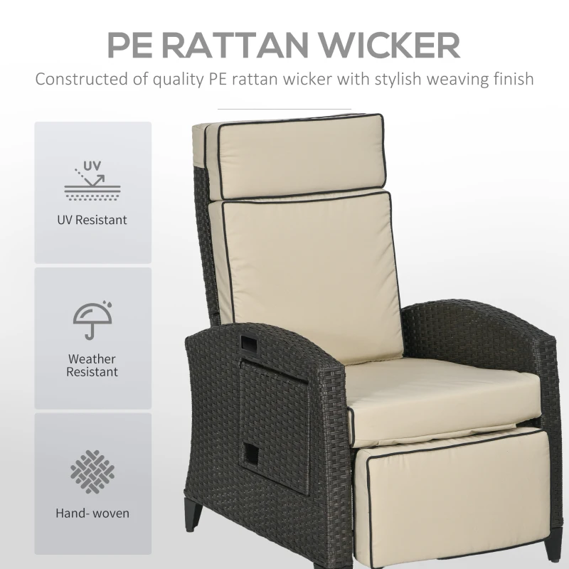 Outsunny Outdoor Recliner Chair with Adjustable Backrest, Cushion, Side Tray, Khaki