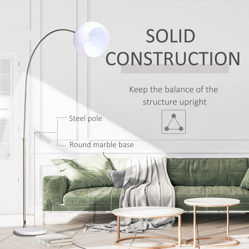 HOMCOM Arc Floor Lamp,Metal Standing Lamp, with 350° Flexible Lampshade, Adjustable Pole, and Marble Round Base for Living, Office, Bedroom, White/Silver