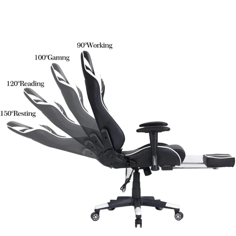 Ficmax Large Size Executive Racing Style Computer Gaming Chair with Lumbar Massage Support and Retractible Footrest - White/Black