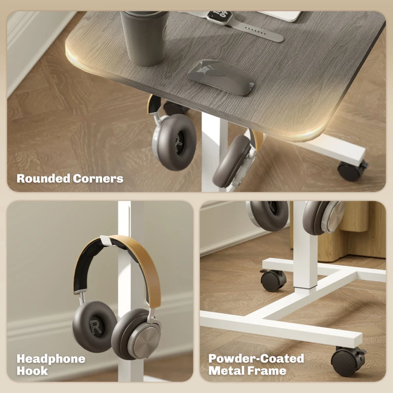 HOMCOM Height Adjustable Standing Desk, Pneumatic Sit Stand Desk with Wheels and Headphone Hook, Grey Wood Grain