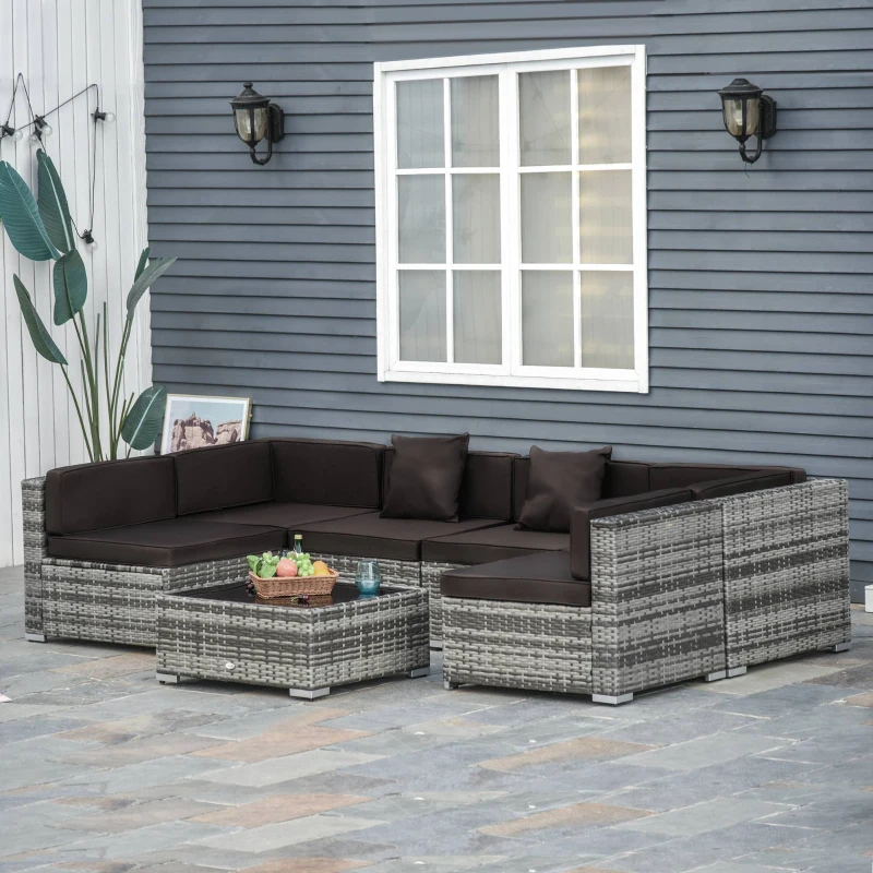 Outsunny 7 Piece Patio Furniture Set, Wicker Outdoor Sectional Sofa Set, All Weather PE Rattan Outdoor Furniture Conversation Sets with Cushions, Glass Top Coffee Table, Pillows, Charcoal
