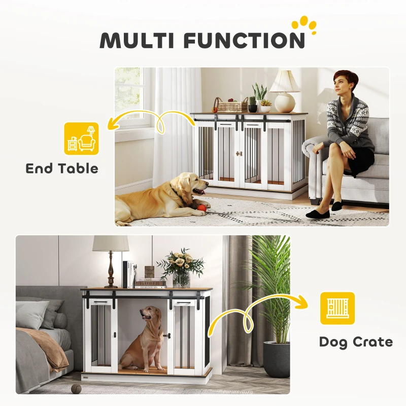 PawHut 47in Dog Crate Furniture with Divider Panel, Wooden Dog Kennel TV Stand for Large Breeds, Pet House Side Table for 2 Small Breeds with 2 Rooms Design, 2 Sliding Doors, White
