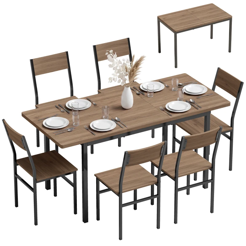 HOMCOM 7-Piece Industrial Dining Table Set for 4-6 Kitchen Table and Armless Chairs, Brown Wood Grain