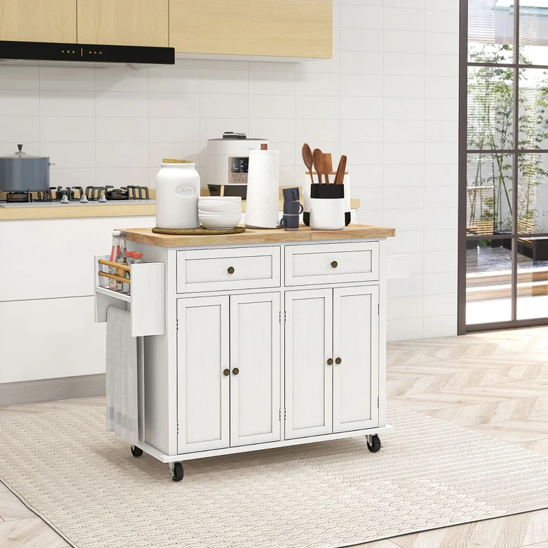 HOMCOM Modern Rolling Kitchen Island Cart with Spice Rack, Distressed White