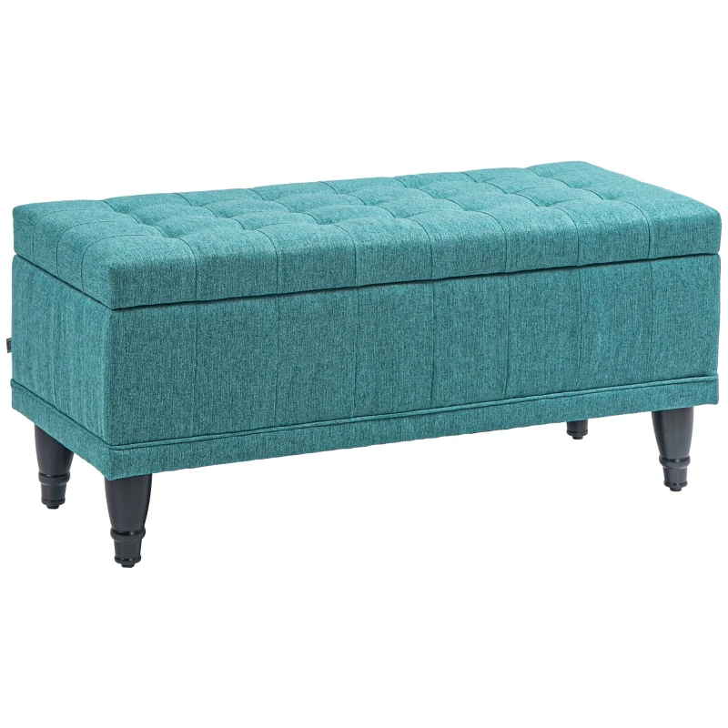 HOMCOM Storage Ottoman, Linen Fabric End of Bed Bench with Button Tufted Storage Bench for Bedroom, Green