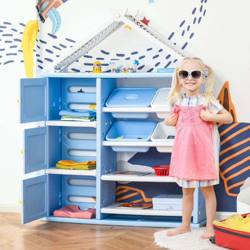 Qaba Kids Toy Storage Organizer with 4 Bins, Storage Cabinets, Bookshelf and 4-Layers Toy Collection Shelves, Blue