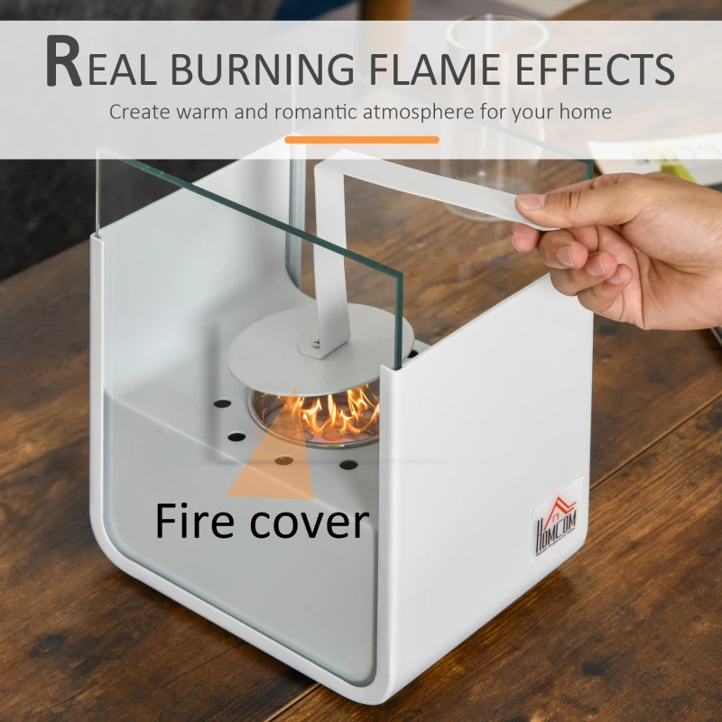 HOMCOM Ethanol Fireplace, 7.75" Tabletop 0.10 Gal, Stainless Steel, Burns up to 2 Hours, White
