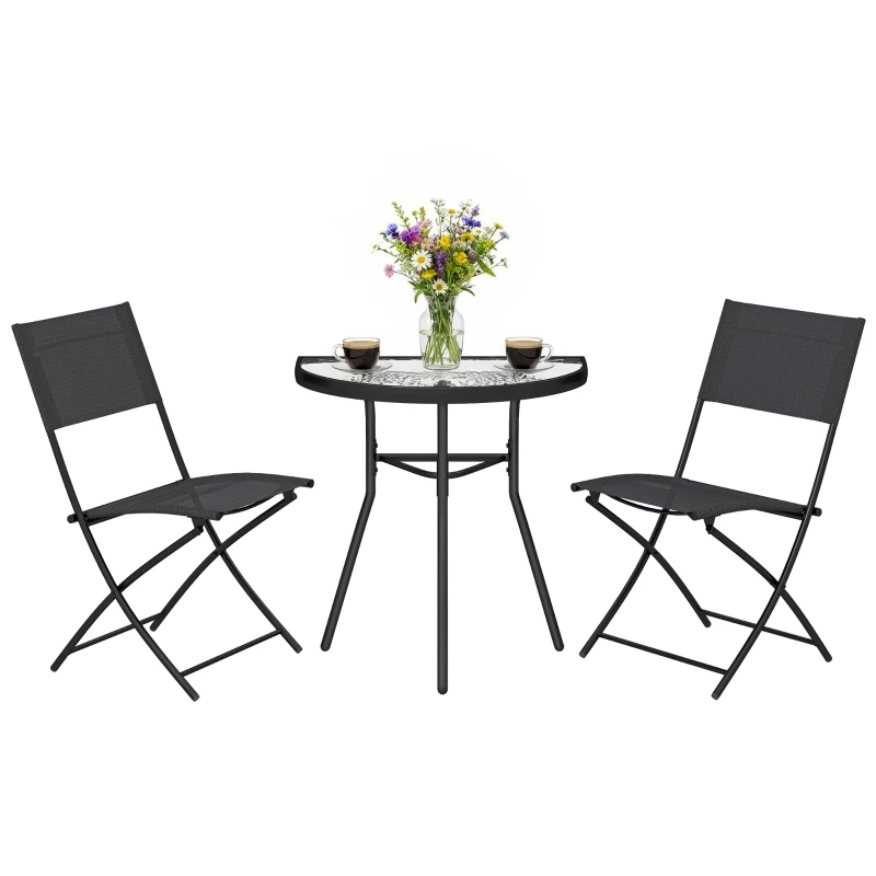 Outsunny Outdoor Bistro Set, 3 Piece Patio Furniture Set with Folding Chairs, Semi-Circle Glass Top Table, Black
