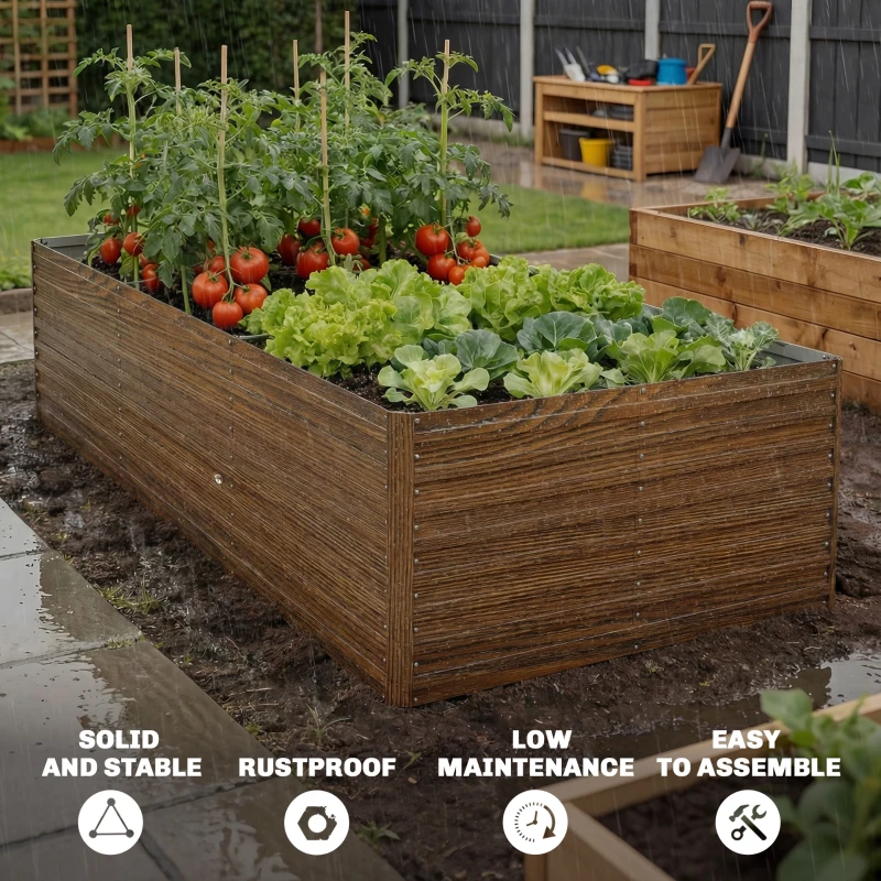 Outsunny 8' x 4' x 2' Raised Garden Bed, Galvanized Planter Box for Growing Flowers, Herbs and Vegetables Dark Brown Wood Effect