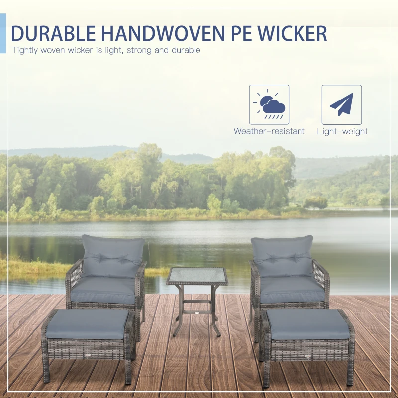 Outsunny 5-Piece PE Wicker Patio Furniture Set, Conversation Set with Outdoor Ottomans, Table & Chairs, Small Balcony Furniture for Apartments, Steel, Gray