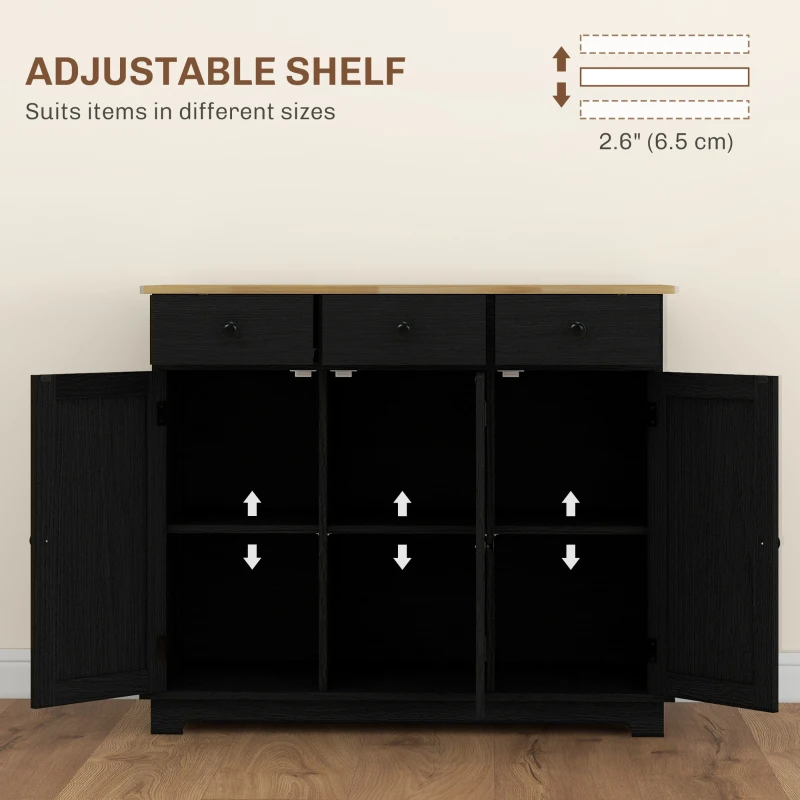 HOMCOM Kitchen Storage Cabinet, Sideboard Floor Cupboard with Solid Wood Top, Adjustable Shelf, and 3 Drawers, Black Wood Grain