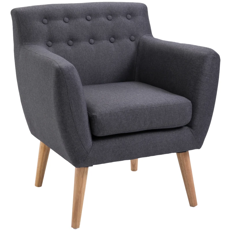 HOMCOM Linen Upholstery Armchair, Mid-Century Modern Accent Chair with Wood Frame and Thick Padding, Dark Grey