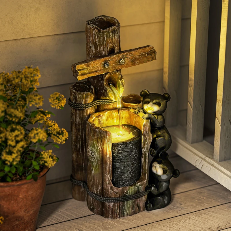 Outsunny 22.8" Water Fountain, 3-Tier Resin Bears on Log Outdoor Waterfall Fountain with LED Lights, Pump