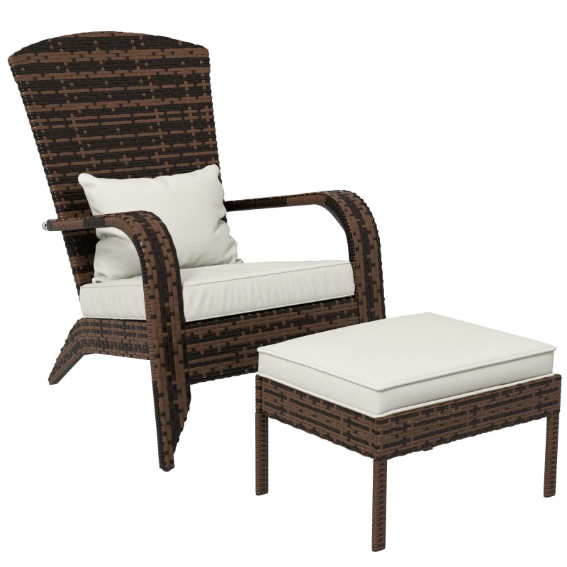 Outsunny Wicker Adirondack Chair Fire Pit Chair w/ Ottoman & Cushions, White