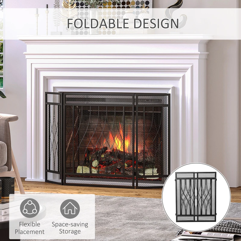 HOMCOM 3-Panel Folding Fireplace Screen, Metal Mesh Fire Spark Guard for Wood Burning, 49.5" x 31.5", Black