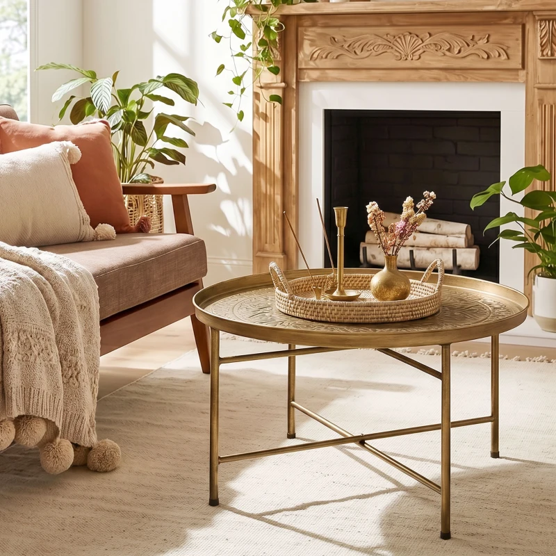 HOMCOM Coffee Table for Living Room, 24" Round Center Table with Hammered Tray Top and Metal Frame for Bedroom, Gold