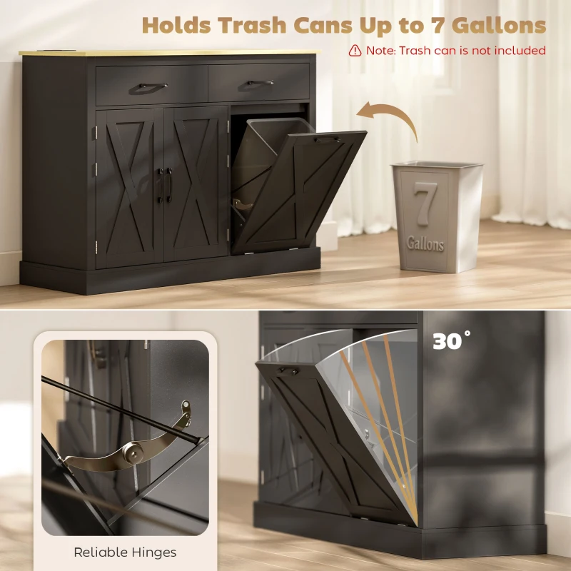 HOMCOM 7 Gallon Tilt Out Garbage Cabinet, Kitchen Island with Charging Station, 2 Drawers, 4 Door Racks, Black