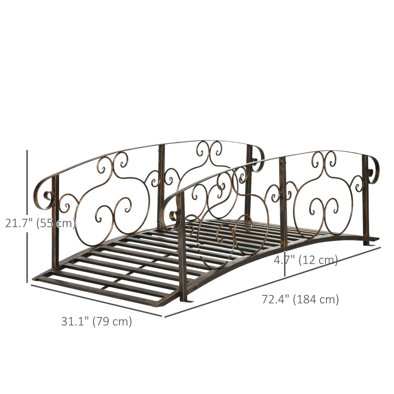 Outsunny 6FT Steel Garden Bridge with Safety Siderails, Decorative Arc Landscaping Bridge for Backyard Creek Stream Pond, Brown