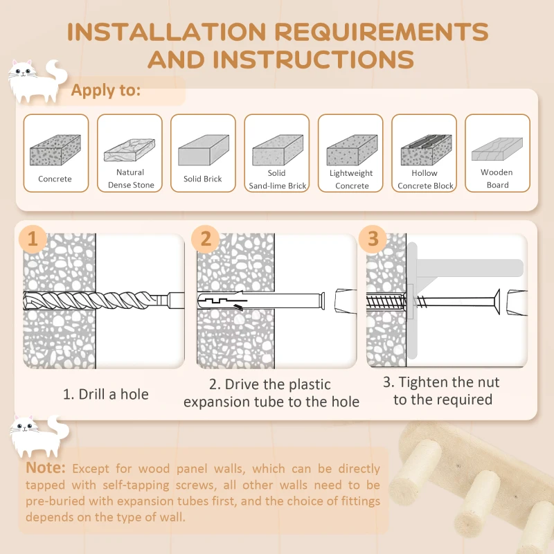 PawHut 3pc Cat Wall Shelves w/ Scratching Post, Perches, Ladder, Steps & Scratching Board, Beige