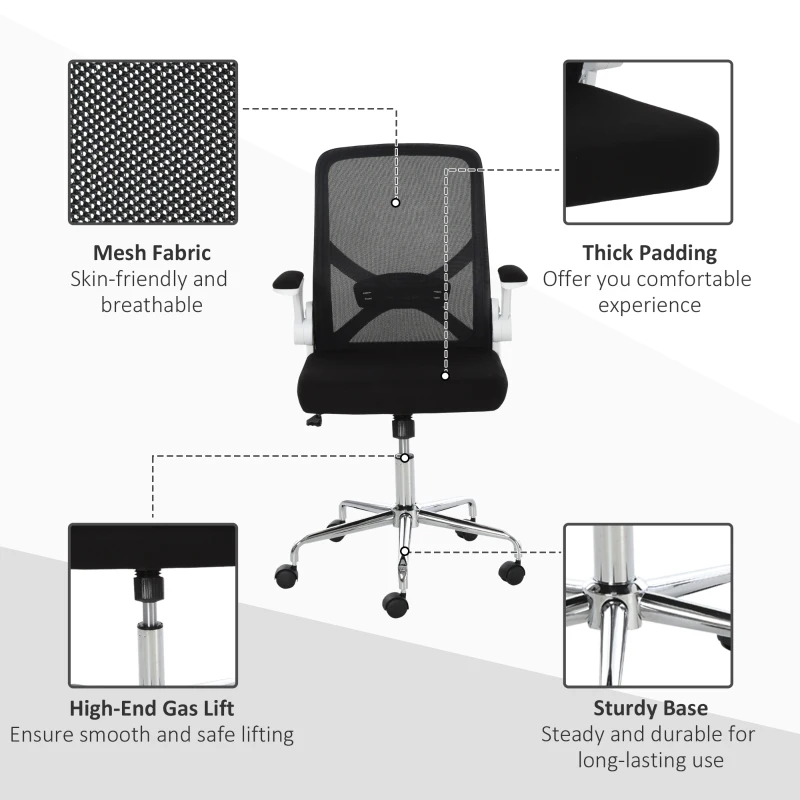 Vinsetto Ergonomic Mesh Office Chair Rocking Swivel Computer Task Desk Chair with Folding Backrest, Lumbar Support, Flip-up Arms and Adjustable Height, Black
