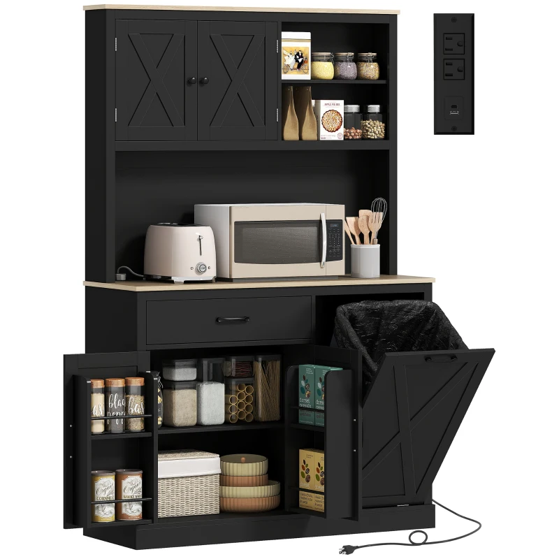 HOMCOM 69" Pantry Cabinet with Charging Station, Kitchen Cabinet with Microwave Stand, Tilt-Out Trash Can Cabinet, Black