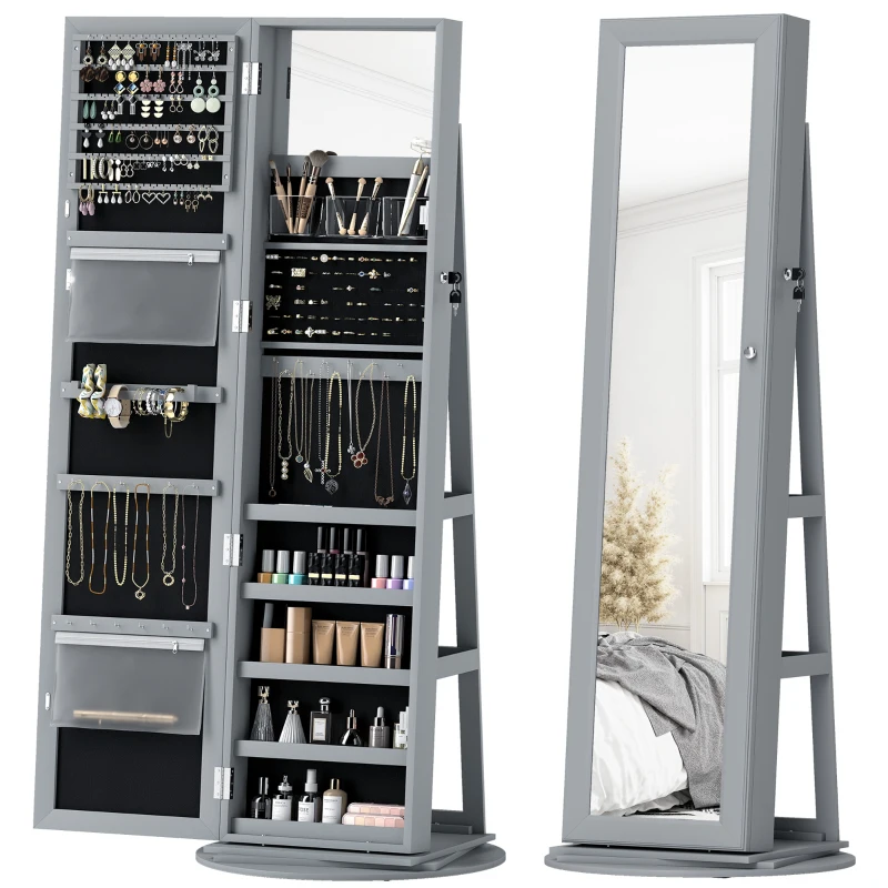 HOMCOM 360° Swivel Jewelry Armoire, Lockable Jewelry Cabinet with Full-Length Mirror, Storage Shelves, Gray