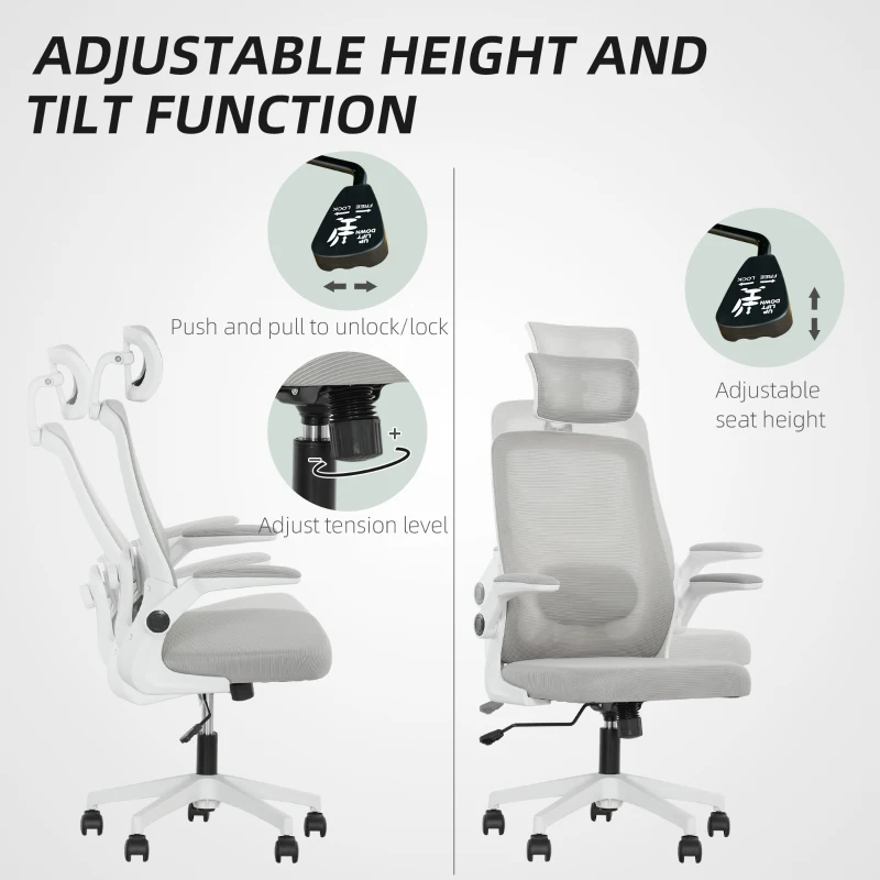 HOMCOM Mesh Office Chair, Ergonomic Desk Chair with Flip-up Armrest, Rotatable Headrest, Adjustable Lumbar Support, Gray