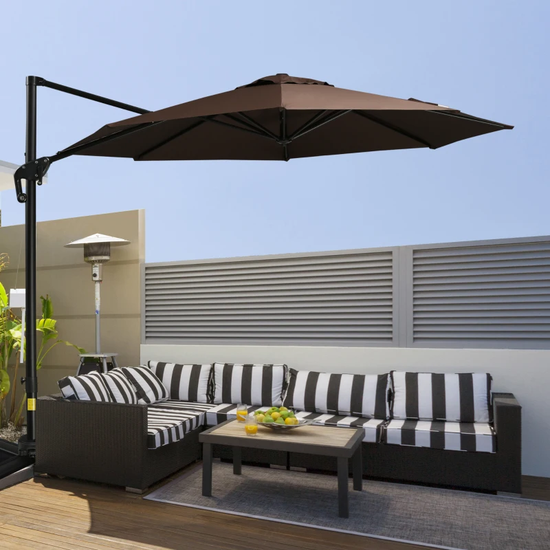 Outsunny 10' Hanging Tilt Offset Cantilever Patio Umbrella with 6-Level Adjustable Angle, Base Stand, UV Fighting Canopy, & 360° Rotation, Coffee