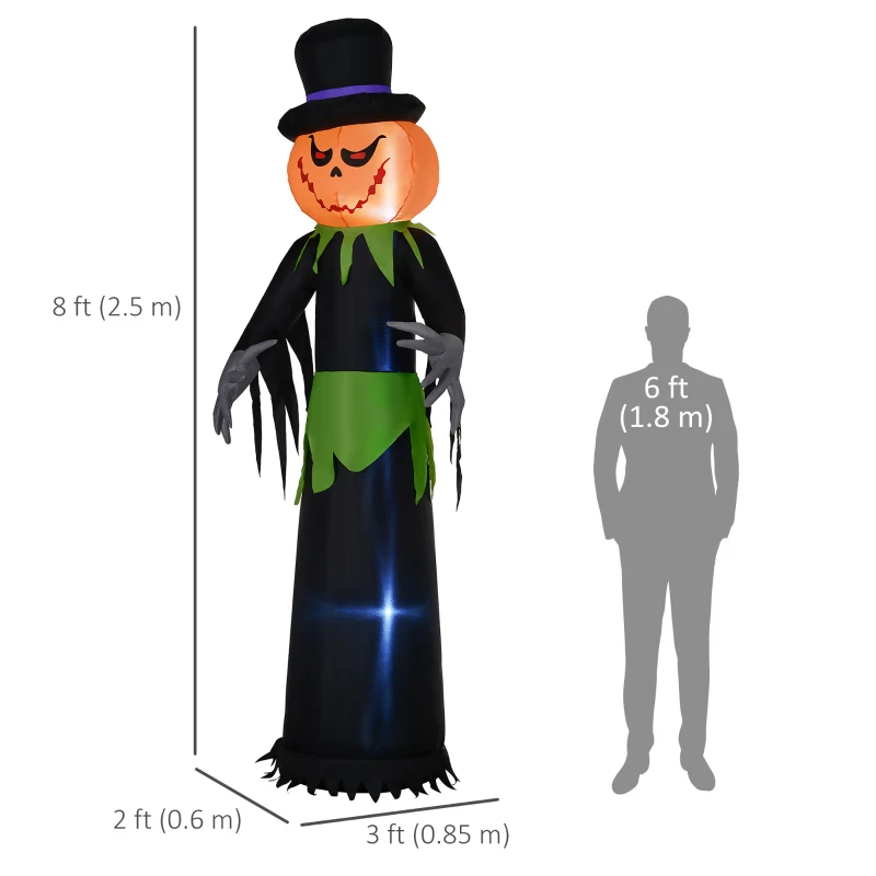 Outsunny 8ft Halloween Inflatable Pumpkin Head Ghost in A Hat, Outdoor Blow-Up Decoration with LED Lights for Yard Display
