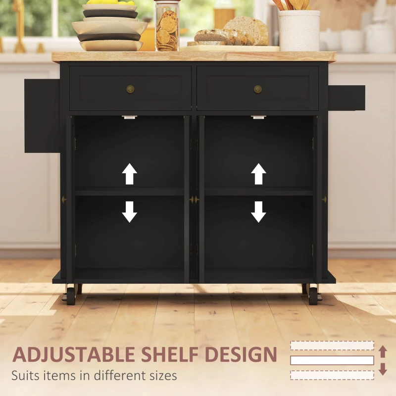 HOMCOM 44" Mobile Kitchen Island Table, Kitchen Island Cart on Wheels with Storage Cabinets, 2 Drawers, Black