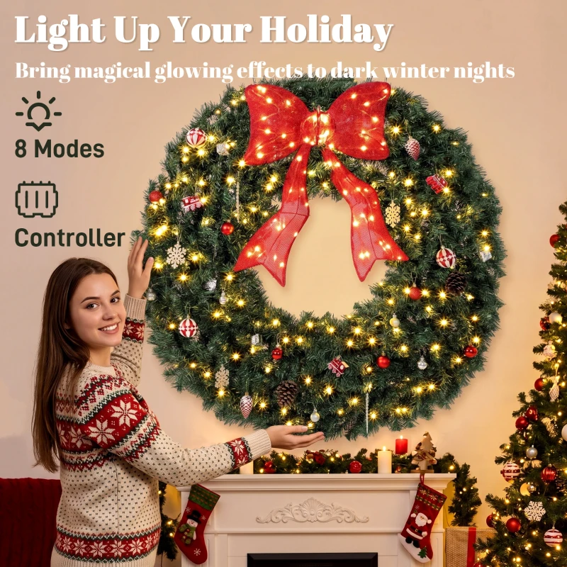 HOMCOM Artificial Xmas Wreath, 48 Inch Pre-Lit Christmas Wreath with 200 LED Lights, Lighted Bow and 31 Ornament Set, Green