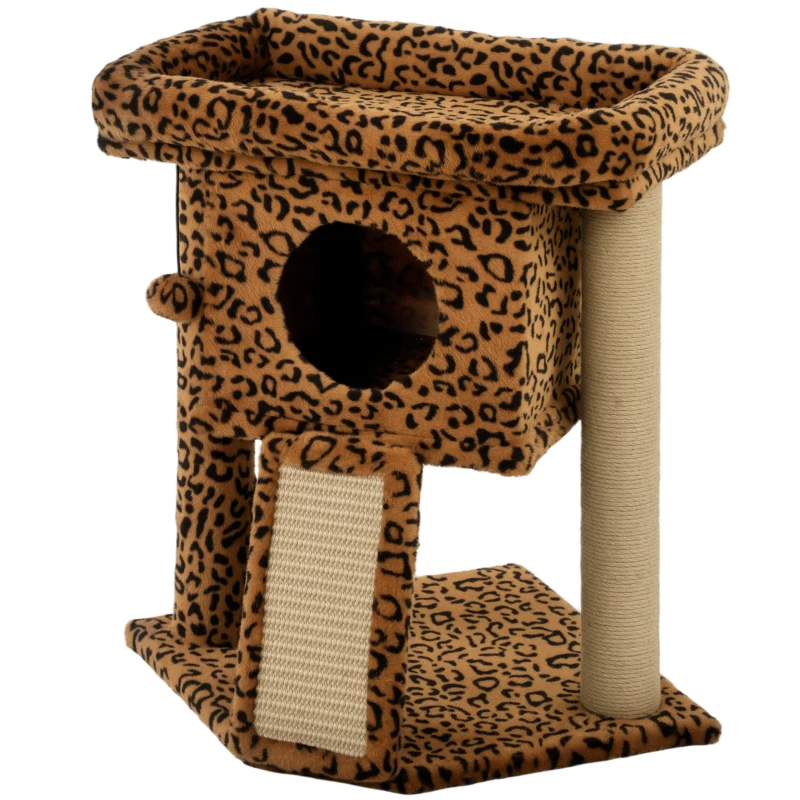 PawHut Cat Tree, Small Cat Tower with Perch, Scratching Post, Cat Condo, Toy Ball for Kitty, Leopard Print