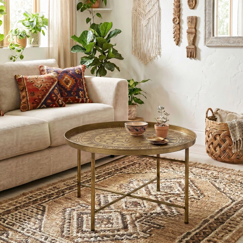 HOMCOM Coffee Table for Living Room, 24" Round Center Table with Hammered Tray Top and Metal Frame for Bedroom, Gold