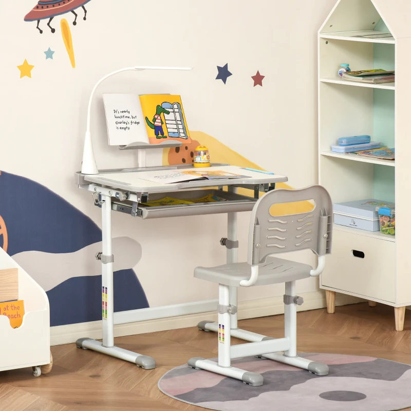 Qaba Kids Desk and Chair Set, School Study Desk with USB Light, Storage Drawer for Writing, Activities, Arts, or Crafts, Gray and White
