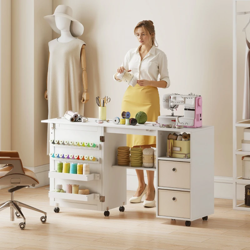 HOMCOM Rolling Sewing Machine Table with Power Outlet, Folding Craft Table with 2 Fabric Drawers, 2 Bins and 18 Pegs, White