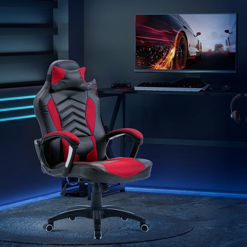 HOMCOM 6 Vibrating Point Massage Computer Gaming Chair 5 Modes, Racing Style Heated Desk Chair Swivel Rolling Chair with Headrest, Red / Black
