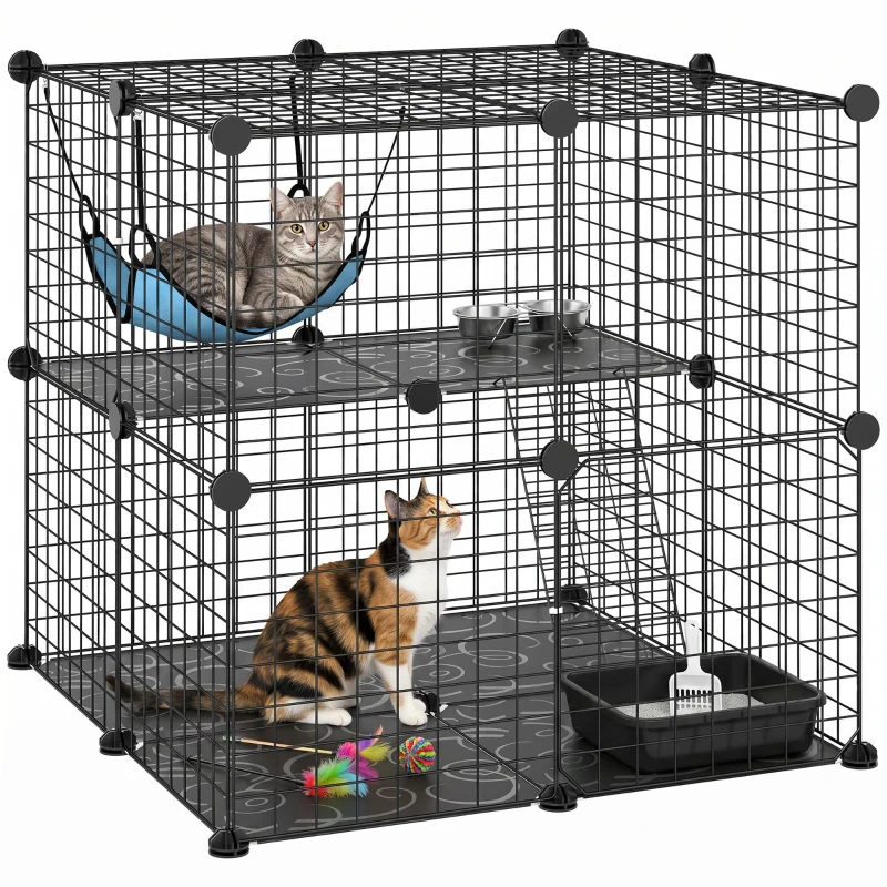 PawHut 2 Tier Cat Cage Crate, DIY Pet Playpen with 2 Doors, Ladder, Hammock, Perch, Indoor Playpen for Kittens, Black