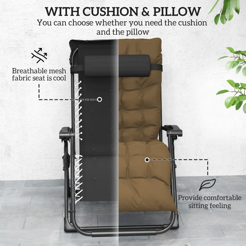 Outsunny Folding Garden Chairs Set of 2, Reclining Zero Gravity Chair, Sun Lounger with Cushion and Headrest, Khaki