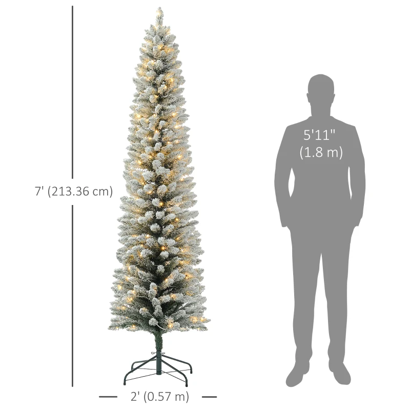 HOMCOM 7ft Artificial Prelit Christmas Tree with Warm White LED Light, Snow Flocked Branches, Metal Base, Pencil Xmas Tree