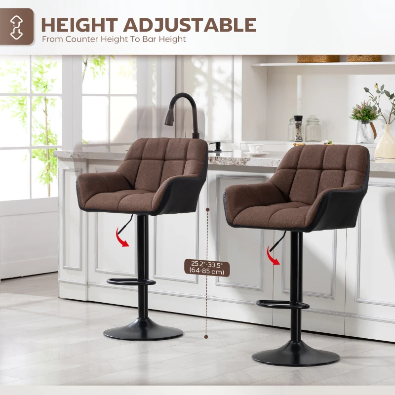 HOMCOM Swivel Barstools Set of 2 Adjustable Bar Stools with Footrest Armrests and PU Leather Back for Dining Room Brown