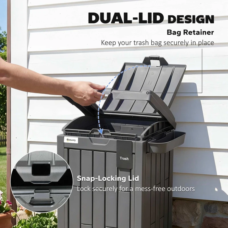 Outsunny 29 Gallon Outdoor Garbage Bin with Dual Lid, Plastic Outdoor Waste Trash Can with Side Holder and Drip Tray, Grey