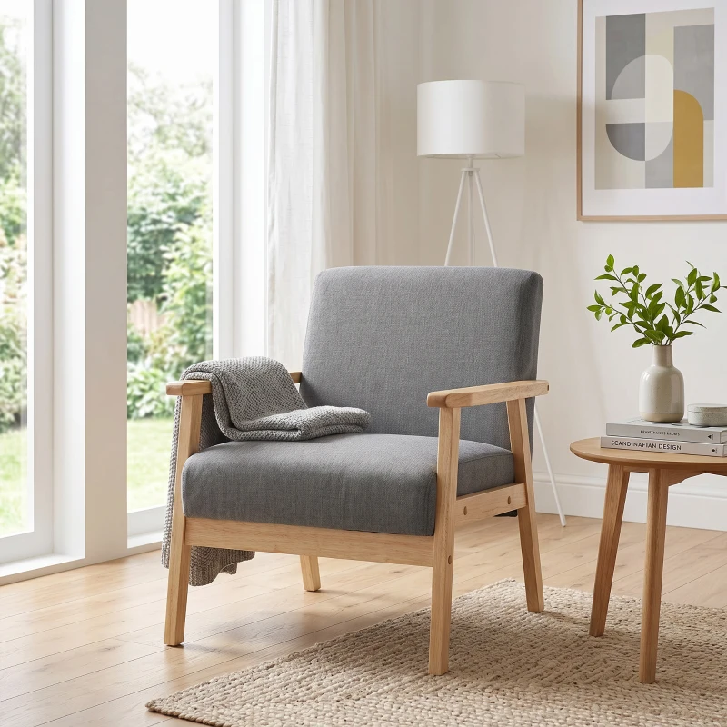 HOMCOM Minimalistic Accent Chairs Wood Frame w/ Thick Linen Cushions Wide Seat Armchair for Bedroom Office, Grey