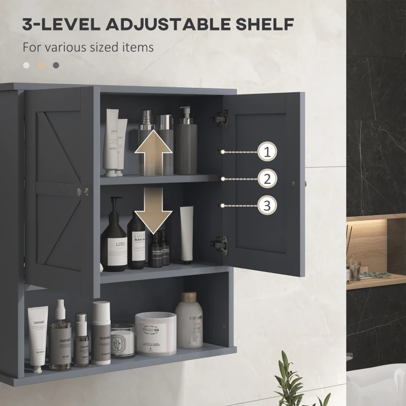 kleankin Farmhouse Bathroom Medicine Cabinet, Wall Cabinet with Barn Doors and Adjustable Shelf for Laundry Room, Gray