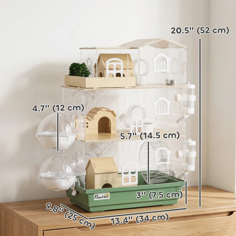 PawHut Large Hamster Cage, 3 Tiers Acrylic Hamster Habitat with Water Bottles, Running Wheel for Pet Mice, Dwarf Hamster