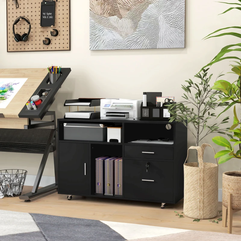 HOMCOM Mobile Printer Stand with Charging Station and USB Ports, Locking Filing Cabinet for A4 and Letter Size, Black