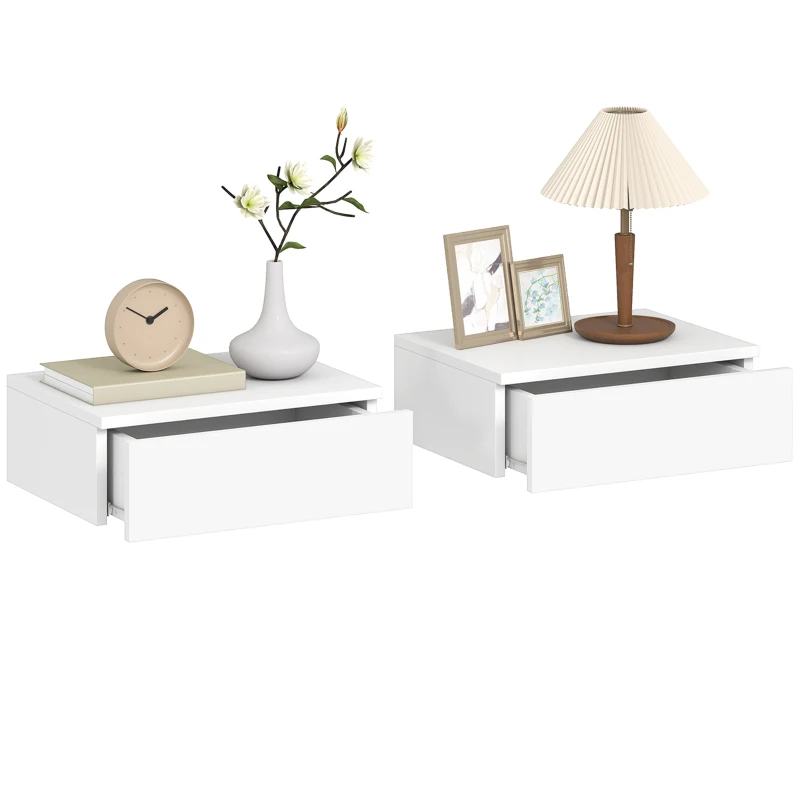 HOMCOM Set of 2 Wall Mounted Bedside Tables, Floating Nightstands with Drawer for Bedroom, White